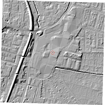 Shaded relief map of the ground around N90TT, computed from Environment Agency LiDAR. The ground here sits at about 14 m above sea level and falls 10 m across the surrounding 800 m. Surface water reaching this point runs off ground lying to the east, 1.5 m higher.