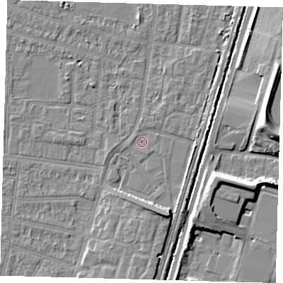 Shaded relief map of the ground around N90UR, computed from Environment Agency LiDAR. The ground here sits at about 12 m above sea level and falls 10 m across the surrounding 800 m. Surface water reaching this point runs off ground lying to the south-south-east, 6.5 m higher.