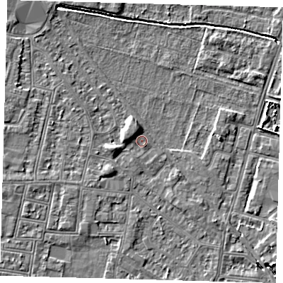 Shaded relief map of the ground around N90UT, computed from Environment Agency LiDAR. The ground here sits at about 12 m above sea level and falls 5 m across the surrounding 800 m. Surface water reaching this point runs off ground lying to the north-west, 2.6 m higher.