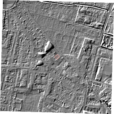 Shaded relief map of the ground around N90UU, computed from Environment Agency LiDAR. The ground here sits at about 11 m above sea level and falls 5 m across the surrounding 800 m. Surface water reaching this point runs off ground lying to the north-west, 2.6 m higher.