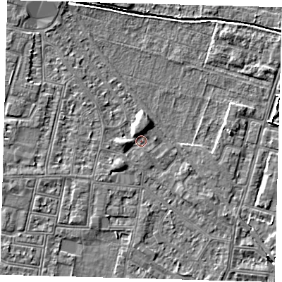 Shaded relief map of the ground around N90UX, computed from Environment Agency LiDAR. The ground here sits at about 11 m above sea level and falls 5 m across the surrounding 800 m. Surface water reaching this point runs off ground lying to the north-north-east, 2.6 m higher.