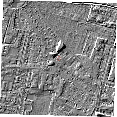 Shaded relief map of the ground around N90UY, computed from Environment Agency LiDAR. The ground here sits at about 12 m above sea level and falls 4 m across the surrounding 800 m. Surface water reaching this point runs off ground lying to the north-west, 2.3 m higher.
