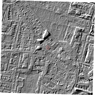Shaded relief map of the ground around N90UZ, computed from Environment Agency LiDAR. The ground here sits at about 12 m above sea level and falls 5 m across the surrounding 800 m. Surface water reaching this point runs off ground lying to the north-north-west, 1.0 m higher.