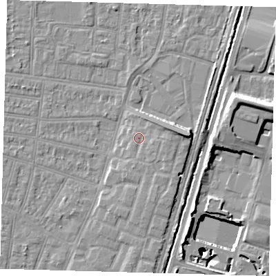 Shaded relief map of the ground around N90XN, computed from Environment Agency LiDAR. The ground here sits at about 13 m above sea level and falls 25 m across the surrounding 800 m. Surface water reaching this point runs off ground lying to the east-north-east, 3.3 m higher.