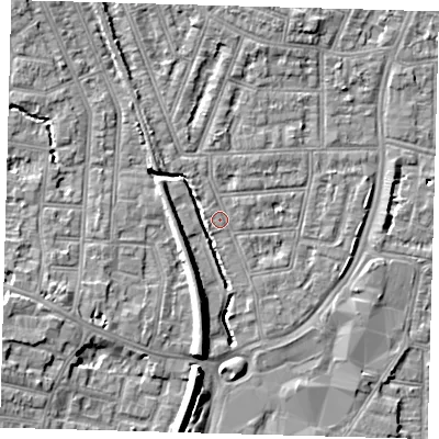 Shaded relief map of the ground around N97AB, computed from Environment Agency LiDAR. The ground here sits at about 15 m above sea level and falls 9 m across the surrounding 800 m. Surface water reaching this point runs off ground lying to the north-west, 2.0 m higher.