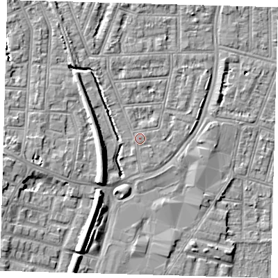 Shaded relief map of the ground around N97AE, computed from Environment Agency LiDAR. The ground here sits at about 14 m above sea level and falls 9 m across the surrounding 800 m. The ground contributing surface water to this point lies to the north-north-west.