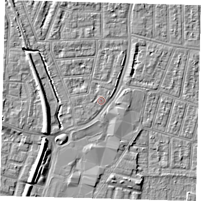 Shaded relief map of the ground around N97AF, computed from Environment Agency LiDAR. The ground here sits at about 14 m above sea level and falls 9 m across the surrounding 800 m. Surface water reaching this point runs off ground lying to the south-west, 0.7 m higher.