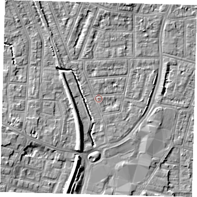 Shaded relief map of the ground around N97AG, computed from Environment Agency LiDAR. The ground here sits at about 15 m above sea level and falls 9 m across the surrounding 800 m. Surface water reaching this point runs off ground lying to the north-west, 2.3 m higher.