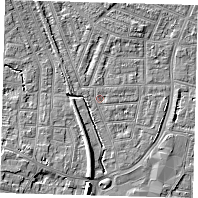 Shaded relief map of the ground around N97AH, computed from Environment Agency LiDAR. The ground here sits at about 15 m above sea level and falls 9 m across the surrounding 800 m. Surface water reaching this point runs off ground lying to the north-west, 1.8 m higher.