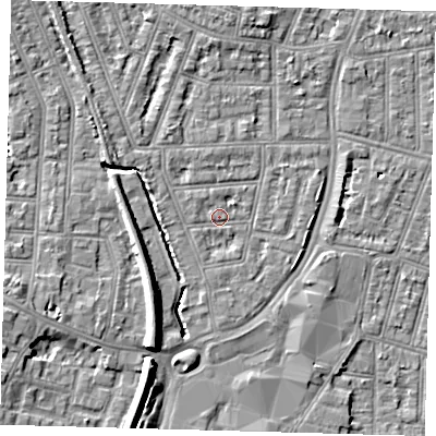 Shaded relief map of the ground around N97AJ, computed from Environment Agency LiDAR. The ground here sits at about 14 m above sea level and falls 9 m across the surrounding 800 m. Surface water reaching this point runs off ground lying to the north-west, 3.0 m higher.
