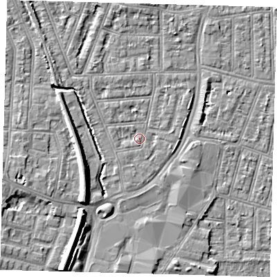 Shaded relief map of the ground around N97AL, computed from Environment Agency LiDAR. The ground here sits at about 14 m above sea level and falls 9 m across the surrounding 800 m. Surface water reaching this point runs off ground lying to the south-west, 1.2 m higher.