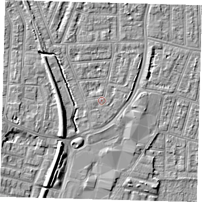 Shaded relief map of the ground around N97AN, computed from Environment Agency LiDAR. The ground here sits at about 14 m above sea level and falls 9 m across the surrounding 800 m. Surface water reaching this point runs off ground lying to the west, 0.7 m higher.