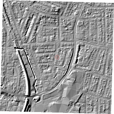 Shaded relief map of the ground around N97AP, computed from Environment Agency LiDAR. The ground here sits at about 14 m above sea level and falls 9 m across the surrounding 800 m. Surface water reaching this point runs off ground lying to the west-north-west, 3.0 m higher.