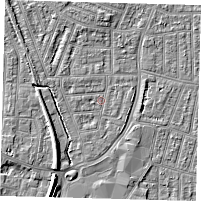 Shaded relief map of the ground around N97AR, computed from Environment Agency LiDAR. The ground here sits at about 14 m above sea level and falls 9 m across the surrounding 800 m. Surface water reaching this point runs off ground lying to the west-north-west, 3.0 m higher.