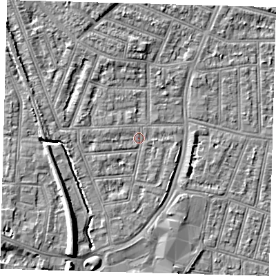 Shaded relief map of the ground around N97AS, computed from Environment Agency LiDAR. The ground here sits at about 14 m above sea level and falls 9 m across the surrounding 800 m. Surface water reaching this point runs off ground lying to the west, 1.3 m higher.