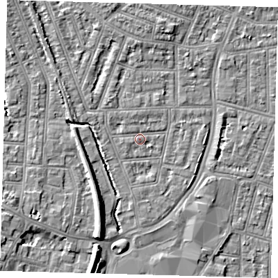 Shaded relief map of the ground around N97AT, computed from Environment Agency LiDAR. The ground here sits at about 14 m above sea level and falls 9 m across the surrounding 800 m. Surface water reaching this point runs off ground lying to the north-west, 1.2 m higher.