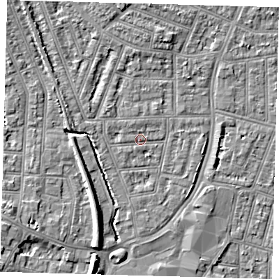 Shaded relief map of the ground around N97AU, computed from Environment Agency LiDAR. The ground here sits at about 15 m above sea level and falls 9 m across the surrounding 800 m. Surface water reaching this point runs off ground lying to the west-north-west, 1.2 m higher.