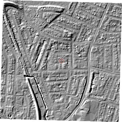 Shaded relief map of the ground around N97AW, computed from Environment Agency LiDAR. The ground here sits at about 14 m above sea level and falls 12 m across the surrounding 800 m. Surface water reaching this point runs off ground lying to the south-west, 1.1 m higher.