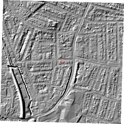 Shaded relief map of the ground around N97AX, computed from Environment Agency LiDAR. The ground here sits at about 14 m above sea level and falls 9 m across the surrounding 800 m. Surface water reaching this point runs off ground lying to the north-north-west, 3.8 m higher.