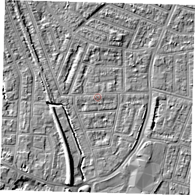 Shaded relief map of the ground around N97AY, computed from Environment Agency LiDAR. The ground here sits at about 15 m above sea level and falls 9 m across the surrounding 800 m. Surface water reaching this point runs off ground lying to the west-south-west, 0.8 m higher.