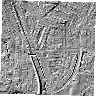 Shaded relief map of the ground around N97BA, computed from Environment Agency LiDAR. The ground here sits at about 15 m above sea level and falls 9 m across the surrounding 800 m. Surface water reaching this point runs off ground lying to the west-north-west, 1.1 m higher.