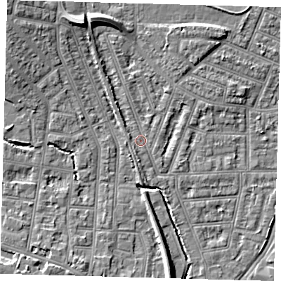 Shaded relief map of the ground around N97BD, computed from Environment Agency LiDAR. The ground here sits at about 15 m above sea level and falls 11 m across the surrounding 800 m. Surface water reaching this point runs off ground lying to the south-south-west, 1.2 m higher.