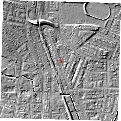 Shaded relief map of the ground around N97BE, computed from Environment Agency LiDAR. The ground here sits at about 15 m above sea level and falls 10 m across the surrounding 800 m. Surface water reaching this point runs off ground lying to the north-north-west, 8.1 m higher.
