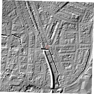Shaded relief map of the ground around N97BF, computed from Environment Agency LiDAR. The ground here sits at about 15 m above sea level and falls 9 m across the surrounding 800 m. Surface water reaching this point runs off ground lying to the south-west, 7.2 m higher.