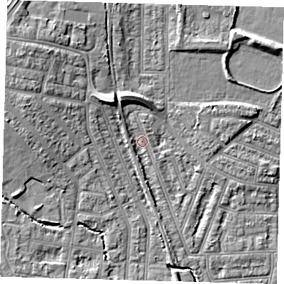Shaded relief map of the ground around N97BG, computed from Environment Agency LiDAR. The ground here sits at about 16 m above sea level and falls 10 m across the surrounding 800 m. Surface water reaching this point runs off ground lying to the north-north-west, 7.8 m higher.