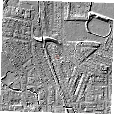 Shaded relief map of the ground around N97BH, computed from Environment Agency LiDAR. The ground here sits at about 15 m above sea level and falls 10 m across the surrounding 800 m. Surface water reaching this point runs off ground lying to the north-north-west, 2.0 m higher.