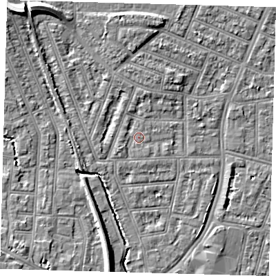 Shaded relief map of the ground around N97BJ, computed from Environment Agency LiDAR. The ground here sits at about 15 m above sea level and falls 12 m across the surrounding 800 m. Surface water reaching this point runs off ground lying to the west-south-west, 1.2 m higher.