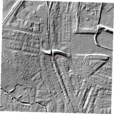 Shaded relief map of the ground around N97BW, computed from Environment Agency LiDAR. The ground here sits at about 16 m above sea level and falls 9 m across the surrounding 800 m. Surface water reaching this point runs off ground lying to the north-west, 7.1 m higher.