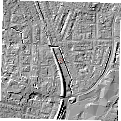 Shaded relief map of the ground around N97DW, computed from Environment Agency LiDAR. The ground here sits at about 15 m above sea level and falls 9 m across the surrounding 800 m. Surface water reaching this point runs off ground lying to the west-south-west, 7.1 m higher.