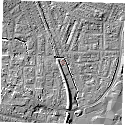 Shaded relief map of the ground around N97DY, computed from Environment Agency LiDAR. The ground here sits at about 15 m above sea level and falls 9 m across the surrounding 800 m. Surface water reaching this point runs off ground lying to the south-west, 7.2 m higher.