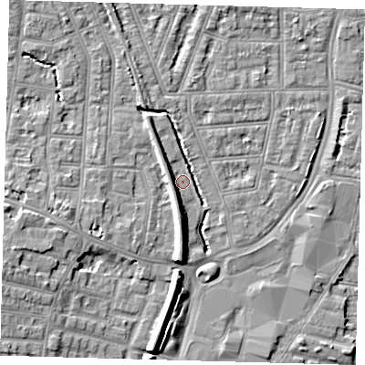 Shaded relief map of the ground around N97DZ, computed from Environment Agency LiDAR. The ground here sits at about 14 m above sea level and falls 9 m across the surrounding 800 m. Surface water reaching this point runs off ground lying to the south-south-west, 4.5 m higher.