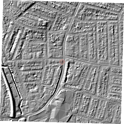 Shaded relief map of the ground around N97EE, computed from Environment Agency LiDAR. The ground here sits at about 14 m above sea level and falls 9 m across the surrounding 800 m. Surface water reaching this point runs off ground lying to the west, 2.6 m higher.