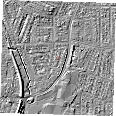 Shaded relief map of the ground around N97EF, computed from Environment Agency LiDAR. The ground here sits at about 14 m above sea level and falls 9 m across the surrounding 800 m. Surface water reaching this point runs off ground lying to the west-north-west, 3.0 m higher.