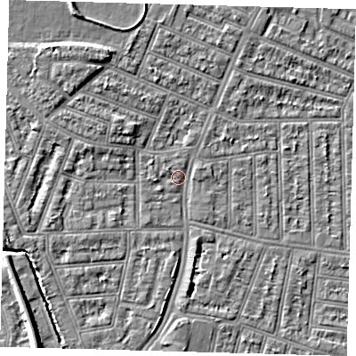 Shaded relief map of the ground around N97EL, computed from Environment Agency LiDAR. The ground here sits at about 14 m above sea level and falls 8 m across the surrounding 800 m. Surface water reaching this point runs off ground lying to the west-north-west, 3.1 m higher.