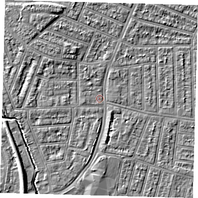 Shaded relief map of the ground around N97EN, computed from Environment Agency LiDAR. The ground here sits at about 14 m above sea level and falls 9 m across the surrounding 800 m. Surface water reaching this point runs off ground lying to the north-west, 3.1 m higher.