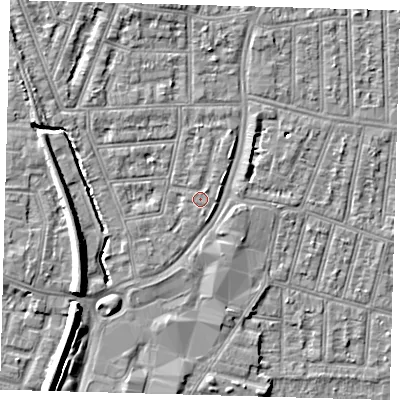 Shaded relief map of the ground around N97EQ, computed from Environment Agency LiDAR. The ground here sits at about 14 m above sea level and falls 9 m across the surrounding 800 m. Surface water reaching this point runs off ground lying to the north-west, 3.0 m higher.