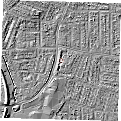 Shaded relief map of the ground around N97HL, computed from Environment Agency LiDAR. The ground here sits at about 13 m above sea level and falls 9 m across the surrounding 800 m. Surface water reaching this point runs off ground lying to the south-south-west, 1.9 m higher.