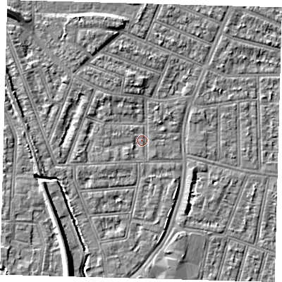 Shaded relief map of the ground around N97HU, computed from Environment Agency LiDAR. The ground here sits at about 14 m above sea level and falls 9 m across the surrounding 800 m. Surface water reaching this point runs off ground lying to the north-west, 6.3 m higher.