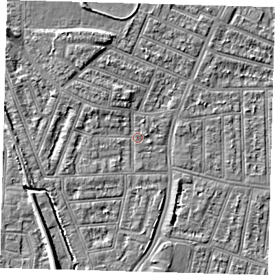Shaded relief map of the ground around N97HX, computed from Environment Agency LiDAR. The ground here sits at about 14 m above sea level and falls 8 m across the surrounding 800 m. Surface water reaching this point runs off ground lying to the north-west, 4.9 m higher.