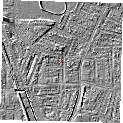 Shaded relief map of the ground around N97HY, computed from Environment Agency LiDAR. The ground here sits at about 14 m above sea level and falls 9 m across the surrounding 800 m. Surface water reaching this point runs off ground lying to the north-west, 6.5 m higher.