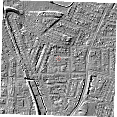 Shaded relief map of the ground around N97JA, computed from Environment Agency LiDAR. The ground here sits at about 14 m above sea level and falls 12 m across the surrounding 800 m. Surface water reaching this point runs off ground lying to the north-west, 9.0 m higher.