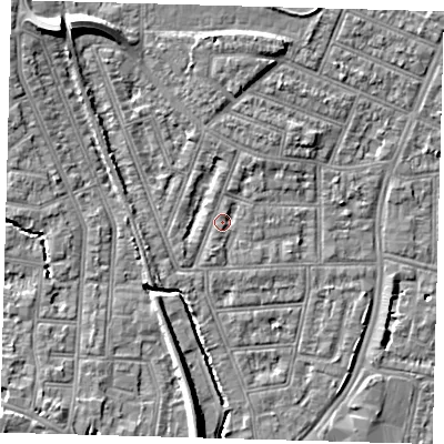 Shaded relief map of the ground around N97JB, computed from Environment Agency LiDAR. The ground here sits at about 15 m above sea level and falls 12 m across the surrounding 800 m. Surface water reaching this point runs off ground lying to the south-south-west, 1.6 m higher.