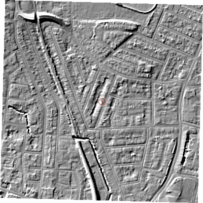 Shaded relief map of the ground around N97JD, computed from Environment Agency LiDAR. The ground here sits at about 15 m above sea level and falls 10 m across the surrounding 800 m. Surface water reaching this point runs off ground lying to the west-south-west, 2.0 m higher.