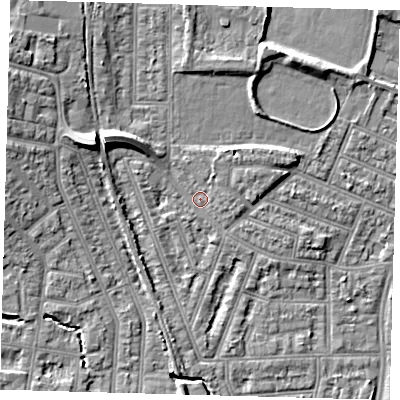 Shaded relief map of the ground around N97JP, computed from Environment Agency LiDAR. The ground here sits at about 16 m above sea level and falls 10 m across the surrounding 800 m. Surface water reaching this point runs off ground lying to the west-north-west, 7.2 m higher.