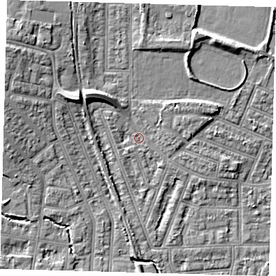 Shaded relief map of the ground around N97JR, computed from Environment Agency LiDAR. The ground here sits at about 15 m above sea level and falls 10 m across the surrounding 800 m. Surface water reaching this point runs off ground lying to the north-west, 7.2 m higher.