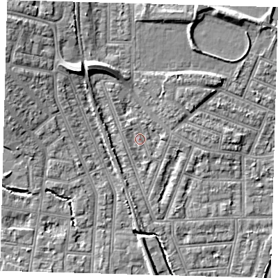 Shaded relief map of the ground around N97JT, computed from Environment Agency LiDAR. The ground here sits at about 15 m above sea level and falls 10 m across the surrounding 800 m. Surface water reaching this point runs off ground lying to the north-west, 8.1 m higher.
